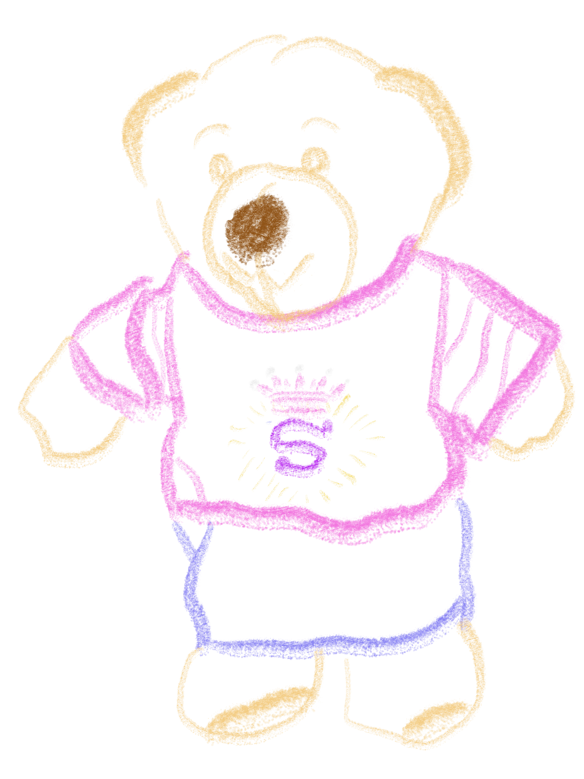 A teddy bear in a pink super-logo shirt and skirt