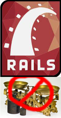 The Rails logo and a scale with a circle-and-slash over top.