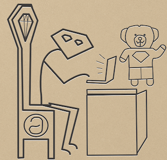 A stick-figure Ruby programmer peers out from his magnificent throne, his teddy bear near to hand.