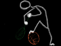 A chalk figure swings a tennis racket like a golf club toward a basketball on the ground.
