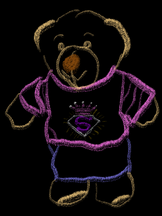 A teddy bear, drawn in chalk and dressed in a t-shirt and jeans.