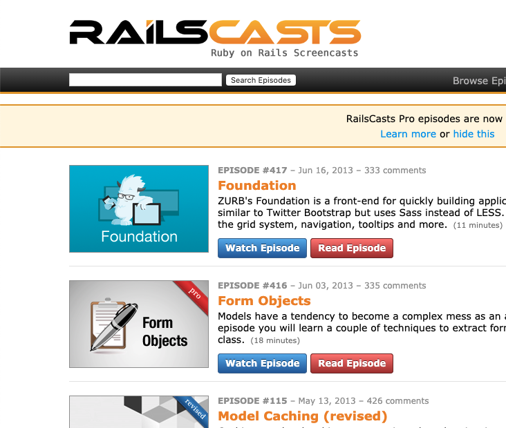 The front page of RailsCasts, showing a list of videos