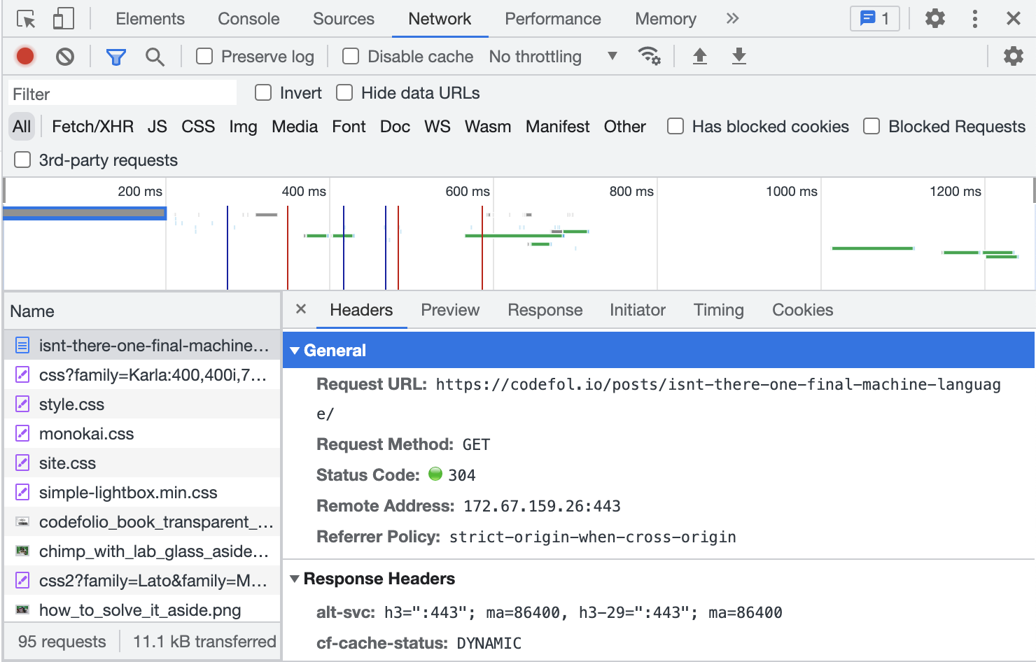 The Chrome Inspector, showing the HTTP request properties for a blog post