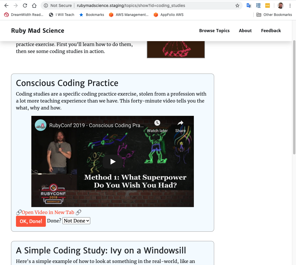 Several steps in a code-teaching topic, including text and videos.