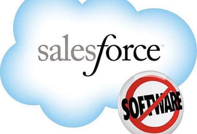 The SalesForce logo - the word SalesForce in a cloud, with the word software below in a red circle-and-slash.