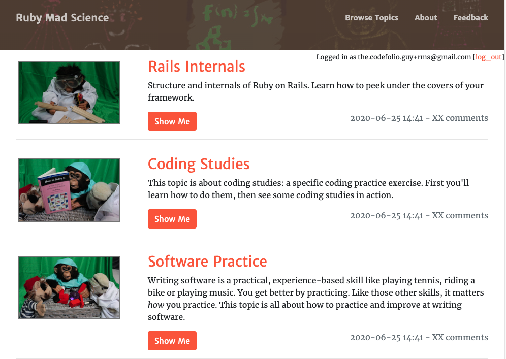 RubyMadScience showing a list of topics on the front page with the new stuffed-animal topic thumbnails.