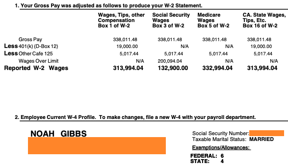 A chunk from my W-2, showing a taxable salary of around $313k.